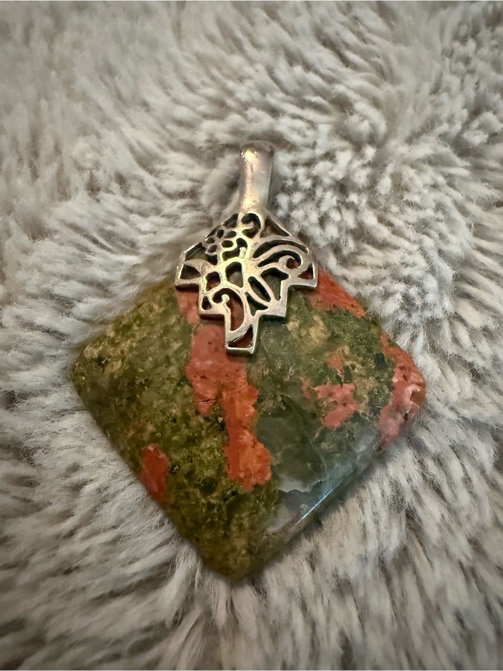 Vintage Green Jasper Pendant With Sterling Silver Bale